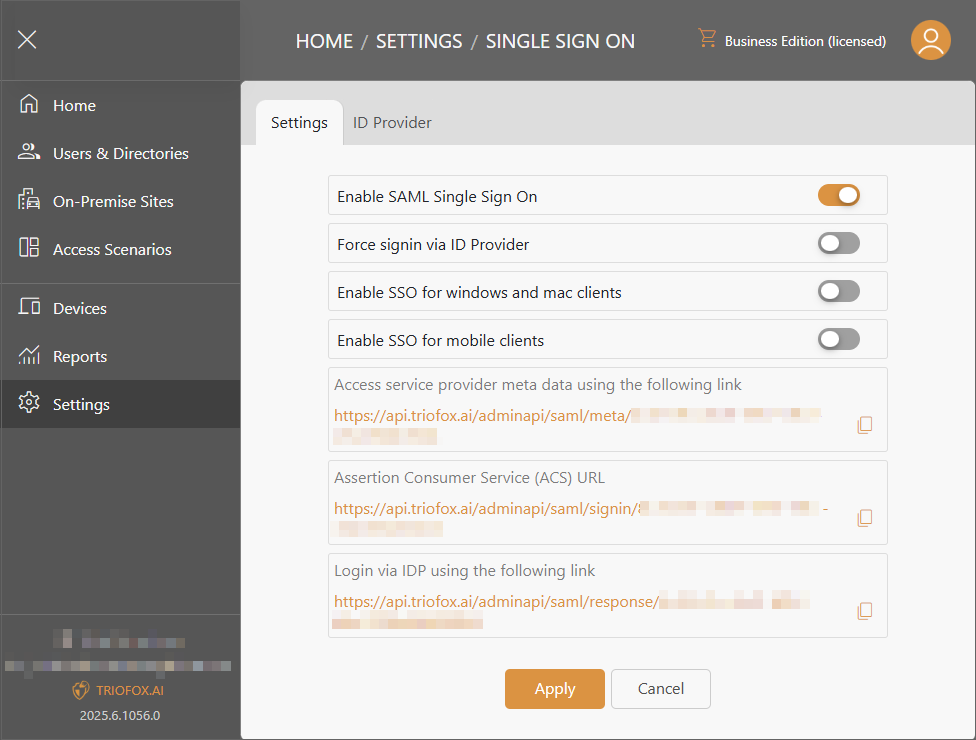 Triofox.ai Settings - Single Sign On