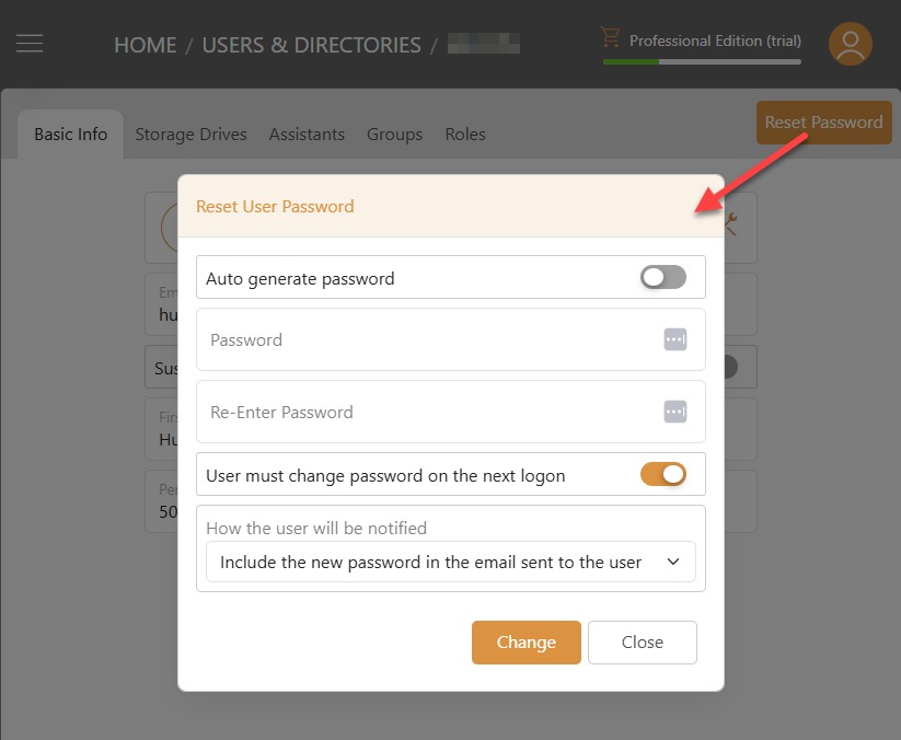 Triofox.ai Manage - Reset Password